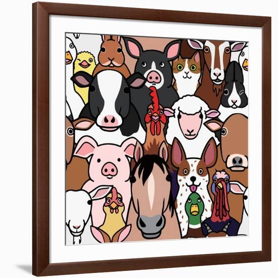 Seamless Doodle Farm Animals Faces Background-Studio Ayutaka-Framed Art Print