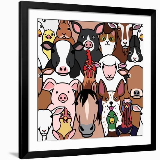 Seamless Doodle Farm Animals Faces Background-Studio Ayutaka-Framed Art Print