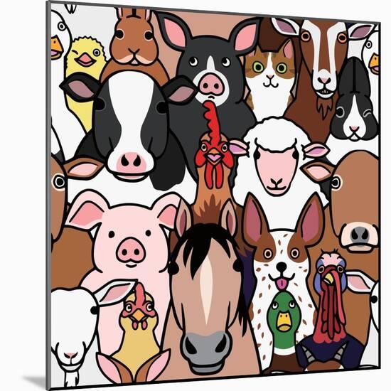 Seamless Doodle Farm Animals Faces Background-Studio Ayutaka-Mounted Art Print