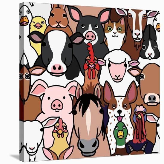 Seamless Doodle Farm Animals Faces Background-Studio Ayutaka-Stretched Canvas