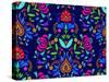 Seamless Floral Folk Pattern. Slavic European Style, Bright Colors, Dark Background. Decorative Flo-rosapompelmo-Stretched Canvas