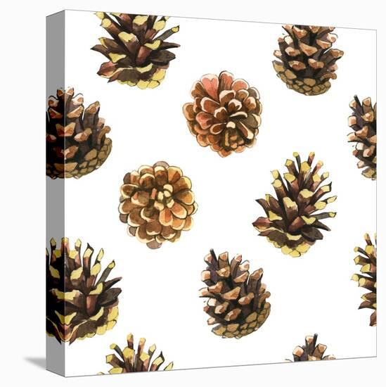 Seamless Floral Pattern on a White with Pinecone. Festive Christmas Background with Watercolor Real-Monash-Stretched Canvas