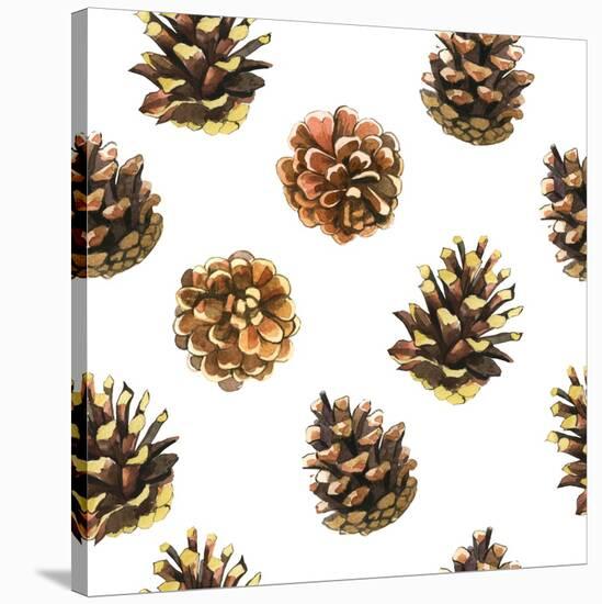 Seamless Floral Pattern on a White with Pinecone. Festive Christmas Background with Watercolor Real-Monash-Stretched Canvas