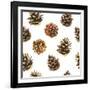 Seamless Floral Pattern on a White with Pinecone. Festive Christmas Background with Watercolor Real-Monash-Framed Art Print