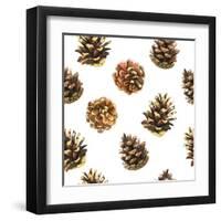 Seamless Floral Pattern on a White with Pinecone. Festive Christmas Background with Watercolor Real-Monash-Framed Art Print