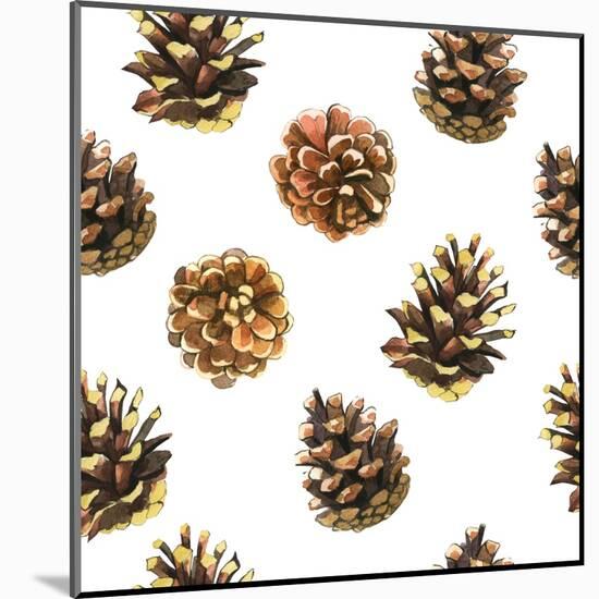 Seamless Floral Pattern on a White with Pinecone. Festive Christmas Background with Watercolor Real-Monash-Mounted Art Print