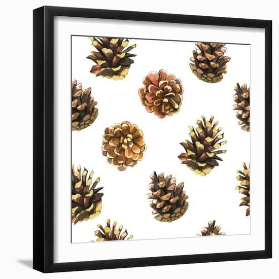 Seamless Floral Pattern on a White with Pinecone. Festive Christmas Background with Watercolor Real-Monash-Framed Art Print