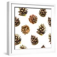 Seamless Floral Pattern on a White with Pinecone. Festive Christmas Background with Watercolor Real-Monash-Framed Art Print