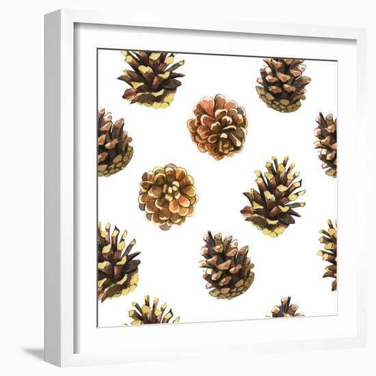 Seamless Floral Pattern on a White with Pinecone. Festive Christmas Background with Watercolor Real-Monash-Framed Art Print
