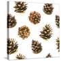 Seamless Floral Pattern on a White with Pinecone. Festive Christmas Background with Watercolor Real-Monash-Stretched Canvas