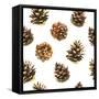 Seamless Floral Pattern on a White with Pinecone. Festive Christmas Background with Watercolor Real-Monash-Framed Stretched Canvas