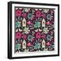 Seamless Floral Pattern with Birdhouses-tets-Framed Art Print