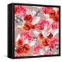 Seamless Floral Pattern with Watercolor Flowers (Poppy, Rose) and Feathers. Aquarel Background-Le Panda-Framed Stretched Canvas