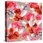 Seamless Floral Pattern with Watercolor Flowers (Poppy, Rose) and Feathers. Aquarel Background-Le Panda-Stretched Canvas