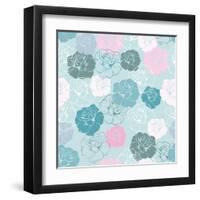 Seamless Floral Vector Pattern with Pink, White and Blue Roses on Pastel Blue Background-IngaLinder-Framed Art Print