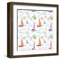 Seamless Marine Pattern with Ships, Lighthouse, Rope, Anchor, Clouds and Sun on Light Background. M-Julia_Kondakov-Framed Art Print