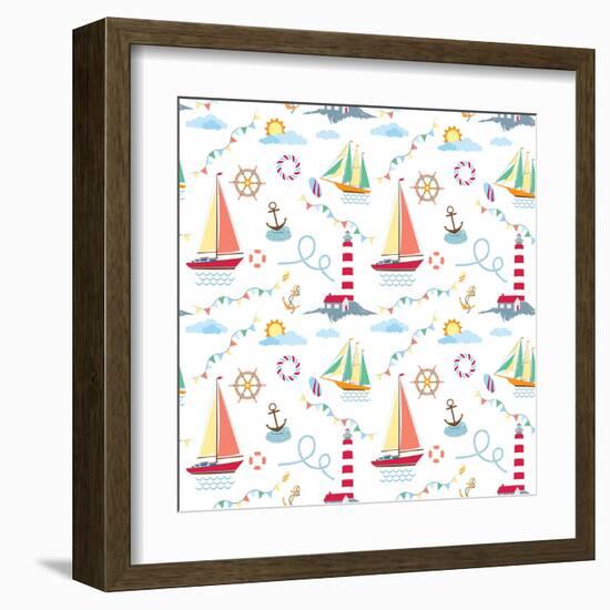 Seamless Marine Pattern with Ships, Lighthouse, Rope, Anchor, Clouds and Sun on Light Background. M-Julia_Kondakov-Framed Art Print