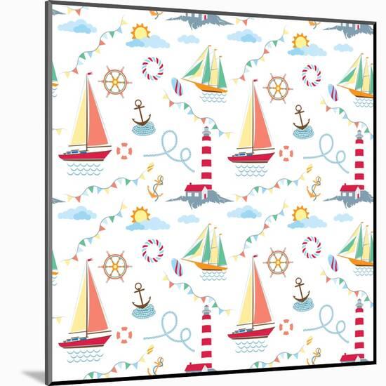 Seamless Marine Pattern with Ships, Lighthouse, Rope, Anchor, Clouds and Sun on Light Background. M-Julia_Kondakov-Mounted Art Print