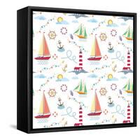 Seamless Marine Pattern with Ships, Lighthouse, Rope, Anchor, Clouds and Sun on Light Background. M-Julia_Kondakov-Framed Stretched Canvas