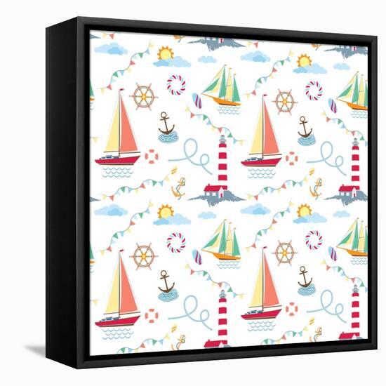 Seamless Marine Pattern with Ships, Lighthouse, Rope, Anchor, Clouds and Sun on Light Background. M-Julia_Kondakov-Framed Stretched Canvas