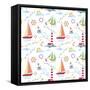 Seamless Marine Pattern with Ships, Lighthouse, Rope, Anchor, Clouds and Sun on Light Background. M-Julia_Kondakov-Framed Stretched Canvas