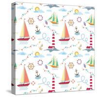 Seamless Marine Pattern with Ships, Lighthouse, Rope, Anchor, Clouds and Sun on Light Background. M-Julia_Kondakov-Stretched Canvas