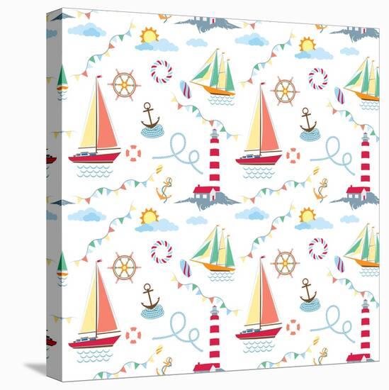 Seamless Marine Pattern with Ships, Lighthouse, Rope, Anchor, Clouds and Sun on Light Background. M-Julia_Kondakov-Stretched Canvas