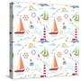 Seamless Marine Pattern with Ships, Lighthouse, Rope, Anchor, Clouds and Sun on Light Background. M-Julia_Kondakov-Stretched Canvas