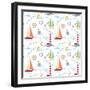 Seamless Marine Pattern with Ships, Lighthouse, Rope, Anchor, Clouds and Sun on Light Background. M-Julia_Kondakov-Framed Art Print