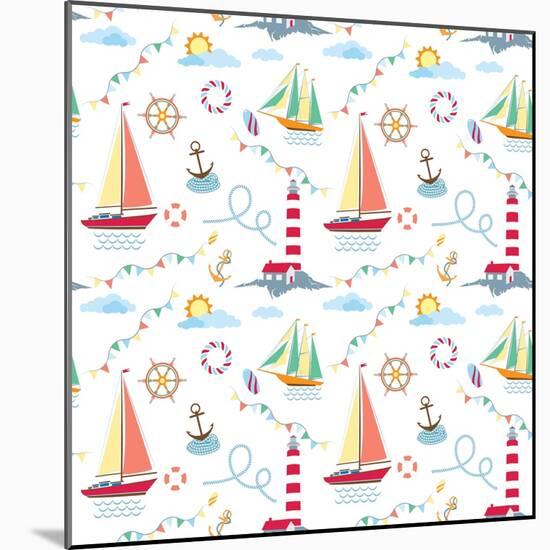 Seamless Marine Pattern with Ships, Lighthouse, Rope, Anchor, Clouds and Sun on Light Background. M-Julia_Kondakov-Mounted Art Print