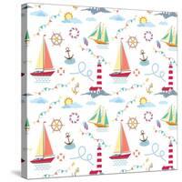 Seamless Marine Pattern with Ships, Lighthouse, Rope, Anchor, Clouds and Sun on Light Background. M-Julia_Kondakov-Stretched Canvas