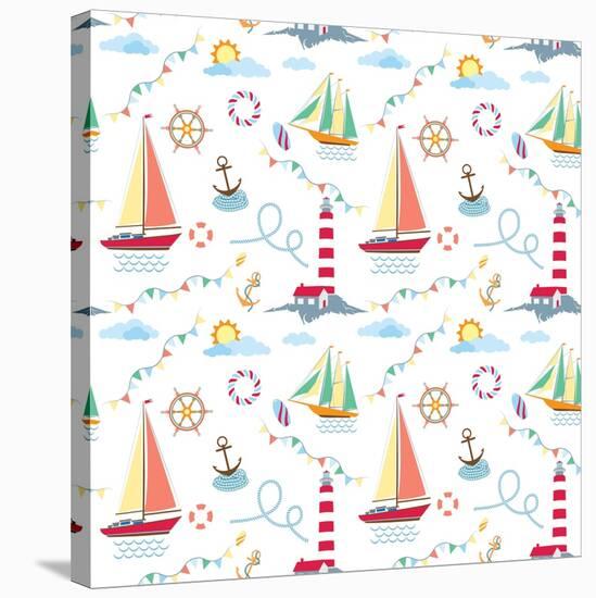 Seamless Marine Pattern with Ships, Lighthouse, Rope, Anchor, Clouds and Sun on Light Background. M-Julia_Kondakov-Stretched Canvas