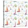 Seamless Marine Pattern with Ships, Lighthouse, Rope, Anchor, Clouds and Sun on Light Background. M-Julia_Kondakov-Stretched Canvas