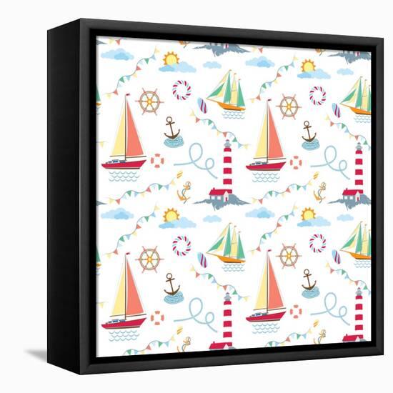 Seamless Marine Pattern with Ships, Lighthouse, Rope, Anchor, Clouds and Sun on Light Background. M-Julia_Kondakov-Framed Stretched Canvas