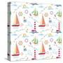 Seamless Marine Pattern with Ships, Lighthouse, Rope, Anchor, Clouds and Sun on Light Background. M-Julia_Kondakov-Stretched Canvas