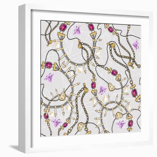 Seamless Pastel Jewelery Necklace Kaleidoscope Pattern. Background with Colorful Gemstones and Diam-cherry blossom girl-Framed Art Print