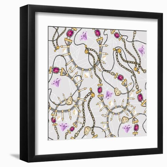 Seamless Pastel Jewelery Necklace Kaleidoscope Pattern. Background with Colorful Gemstones and Diam-cherry blossom girl-Framed Art Print