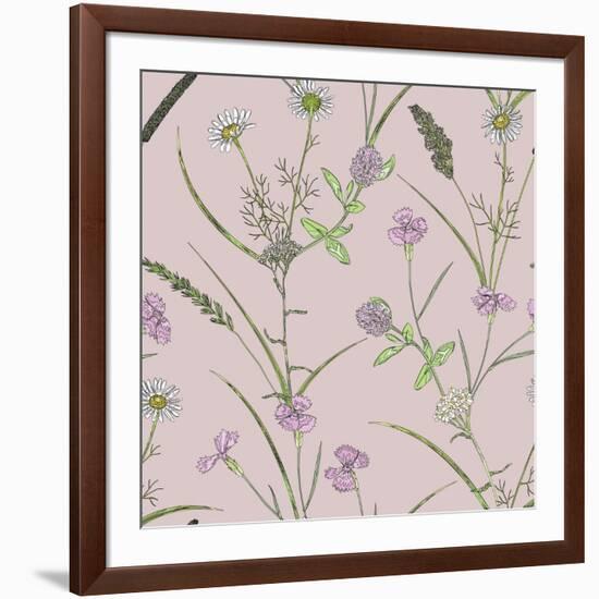 Seamless Pastel Pattern with Herb and Field Flowers in Watercolor Style on Nude Background. Greener-AuraArt-Framed Art Print