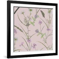 Seamless Pastel Pattern with Herb and Field Flowers in Watercolor Style on Nude Background. Greener-AuraArt-Framed Art Print