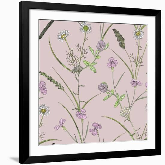 Seamless Pastel Pattern with Herb and Field Flowers in Watercolor Style on Nude Background. Greener-AuraArt-Framed Art Print