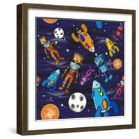 Seamless Pattern Cartoon Children Astronauts-DarkInk-Framed Art Print