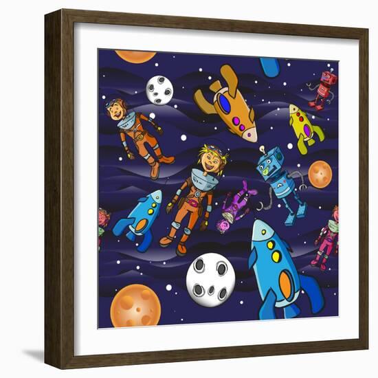 Seamless Pattern Cartoon Children Astronauts-DarkInk-Framed Art Print