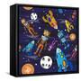 Seamless Pattern Cartoon Children Astronauts-DarkInk-Framed Stretched Canvas