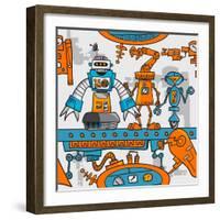 Seamless Pattern Cartoon Robots on the Assembly Line-DarkInk-Framed Art Print