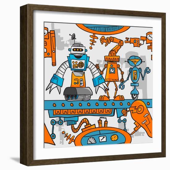 Seamless Pattern Cartoon Robots on the Assembly Line-DarkInk-Framed Art Print