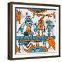 Seamless Pattern Cartoon Robots on the Assembly Line-DarkInk-Framed Art Print