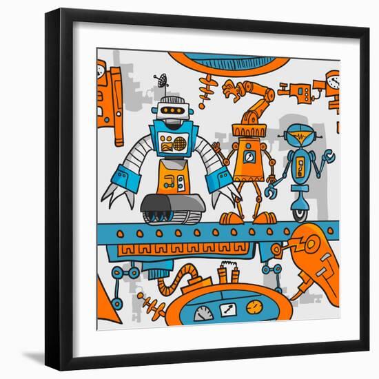 Seamless Pattern Cartoon Robots on the Assembly Line-DarkInk-Framed Art Print
