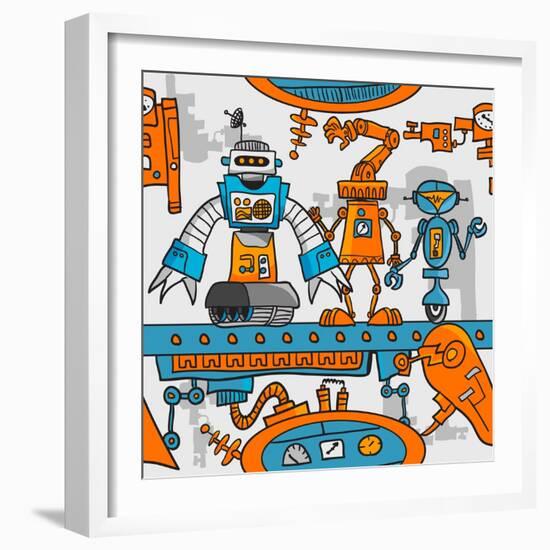 Seamless Pattern Cartoon Robots on the Assembly Line-DarkInk-Framed Art Print