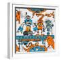 Seamless Pattern Cartoon Robots on the Assembly Line-DarkInk-Framed Art Print