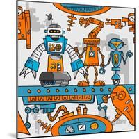 Seamless Pattern Cartoon Robots on the Assembly Line-DarkInk-Mounted Art Print